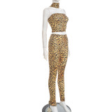 Leopard Print Wrap Chest Tops Two Piece Pants Set GDSF-D25ST538