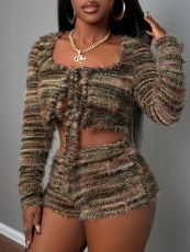 Long Sleeve Tie Up Tops Two Piece Shorts Set GQNF-Y00035S