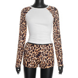 Leopard Print Color Block Two Piece Shorts Set MXBF-Q25ST425