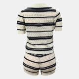 Stripe Short Sleeve Lapel Two Piece Shorts Set GQNF-F00046S