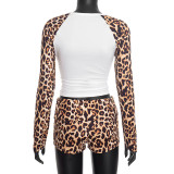 Leopard Print Color Block Two Piece Shorts Set MXBF-Q25ST425