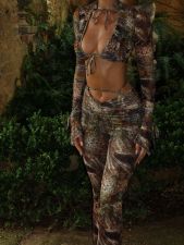 Sexy Tie Up Long Sleeve Camouflage Print Pant Suit GQNF-Y00221SC