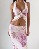 Ruched Print Ruffles Tops Two Piece Skirts Set GQNF-Y00111SC