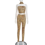 Leopard Print Wrap Chest Tops Two Piece Pants Set GDSF-D25ST538