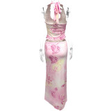 Ruched Print Ruffles Tops Two Piece Skirts Set GQNF-Y00111SC