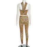 Leopard Print Wrap Chest Tops Two Piece Pants Set GDSF-D25ST538