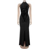 Fitted Sequin Velour Slit Maxi Dress BY-7602