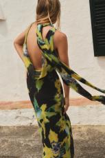 Scarf-Layered Collar Printed Backless Maxi Dress GQNF-Y00187DC