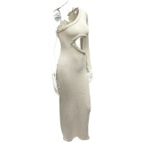 Single Shoulder Long Sleeve Hollow Out Knits Maxi Dress GQNF-Y00228DM