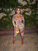 Fashion Print Zipper Hooded Two Piece Pants Set GQNF-Y00213SC