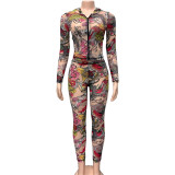 Fashion Print Zipper Hooded Two Piece Pants Set GQNF-Y00213SC
