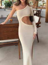 Single Shoulder Long Sleeve Hollow Out Knits Maxi Dress GQNF-Y00228DM