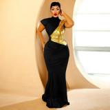 Contrast Color Short Sleeve Maxi Dress YF-10958