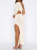 Single Shoulder Long Sleeve Hollow Out Knits Maxi Dress GQNF-Y00228DM