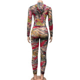 Fashion Print Zipper Hooded Two Piece Pants Set GQNF-Y00213SC