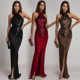 Fitted Sequin Velour Slit Maxi Dress BY-7602
