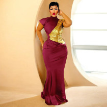 Contrast Color Short Sleeve Maxi Dress YF-10958