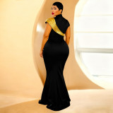 Contrast Color Short Sleeve Maxi Dress YF-10958