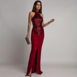 Fitted Sequin Velour Slit Maxi Dress BY-7602