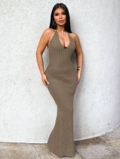 Halterneck Knits Backless Maxi Dress GQNF-Y00048DM