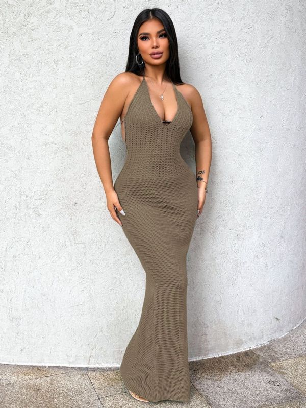 Halterneck Knits Backless Maxi Dress GQNF-Y00048DM