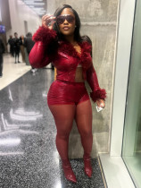 Solid Color Furry Neck Two Piece Shorts Set CH-25073