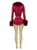 Solid Color Furry Neck Two Piece Shorts Set CH-25073