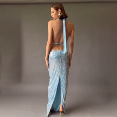 Sexy Tie Up Sequin Backless Maxi Dress XEF-K25D87175