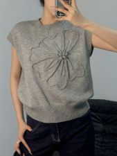 Embroidered Knit Solid Color Sleeveless Tops GQNF-Y00082TM