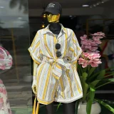 Stripe Lapel Short Sleeve Shirt Two Piece Shorts Set GCNE-73362