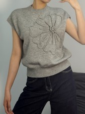 Embroidered Knit Solid Color Sleeveless Tops GQNF-Y00082TM