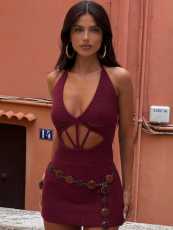 Halterneck Patchwork Backless Mini Dress GQNF-F00024D