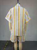 Stripe Lapel Short Sleeve Shirt Two Piece Shorts Set GCNE-73362