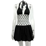 Polka Dot Print Patchwork Sling Mini Dress GQNF-Y00108DC