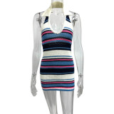 Stripe Color Block V Neck Knits Mini Dress GQNF-Y00036D