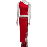 Solid Color Slash Shoulder Tops Long Skirt Suit GQNF-Y00022S
