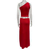 Solid Color Slash Shoulder Tops Long Skirt Suit GQNF-Y00022S