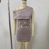 Hollow Out Circular Ring Slash Shoulder Top and Mini Skirt Two-Piece Set LSD-2624