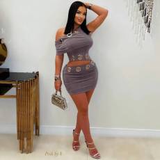 Hollow Out Circular Ring Slash Shoulder Top and Mini Skirt Two-Piece Set LSD-2624