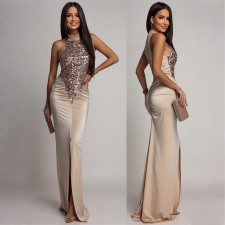 Sleeveless Sequin Backless Split Maxi Dress CYA-902198