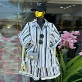 Stripe Lapel Short Sleeve Shirt Two Piece Shorts Set GCNE-73362