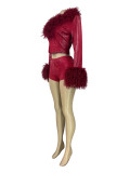 Solid Color Furry Neck Two Piece Shorts Set CH-25073