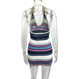 Stripe Color Block V Neck Knits Mini Dress GQNF-Y00036D