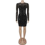 Mesh Hot Drill Long Sleeve Mini Dress BY-7601