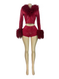 Solid Color Furry Neck Two Piece Shorts Set CH-25073