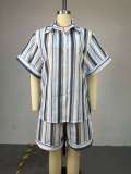 Stripe Lapel Short Sleeve Shirt Two Piece Shorts Set GCNE-73362