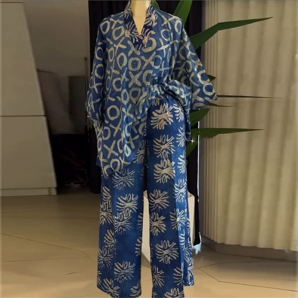 Print V Neck Bat Sleeve Print Two Piece Pants Set GCNE-73351
