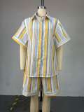 Stripe Lapel Short Sleeve Shirt Two Piece Shorts Set GCNE-73362