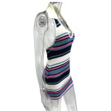 Stripe Color Block V Neck Knits Mini Dress GQNF-Y00036D