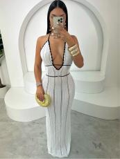 V Neck Halterneck Backless Knits Maxi Dress GQNF-F00043D